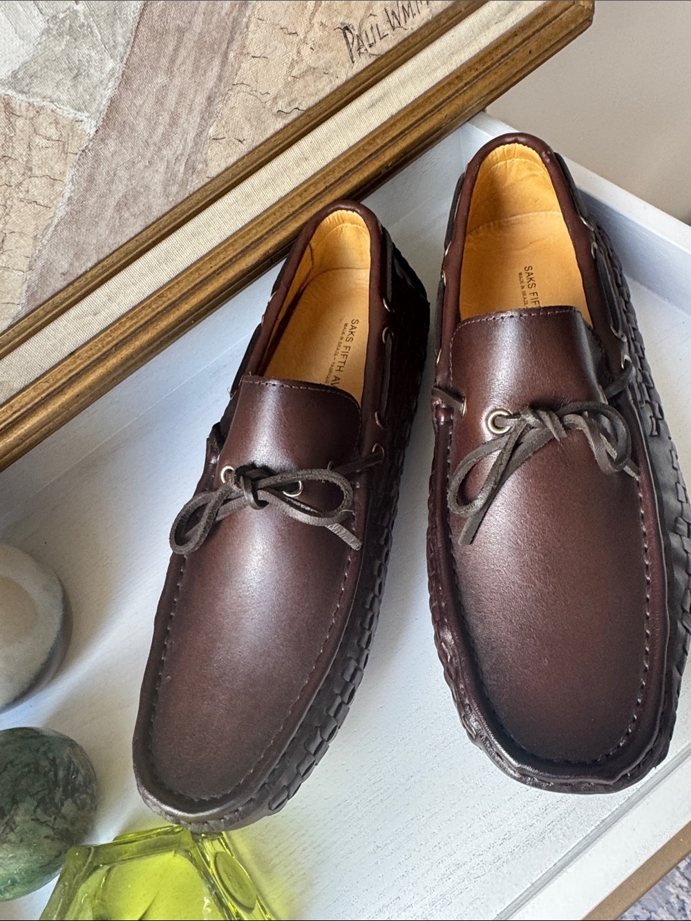Saks Fifth Avenue Dark Brown Leather Lace-Through Moccasin Car shoes Slip-Ons